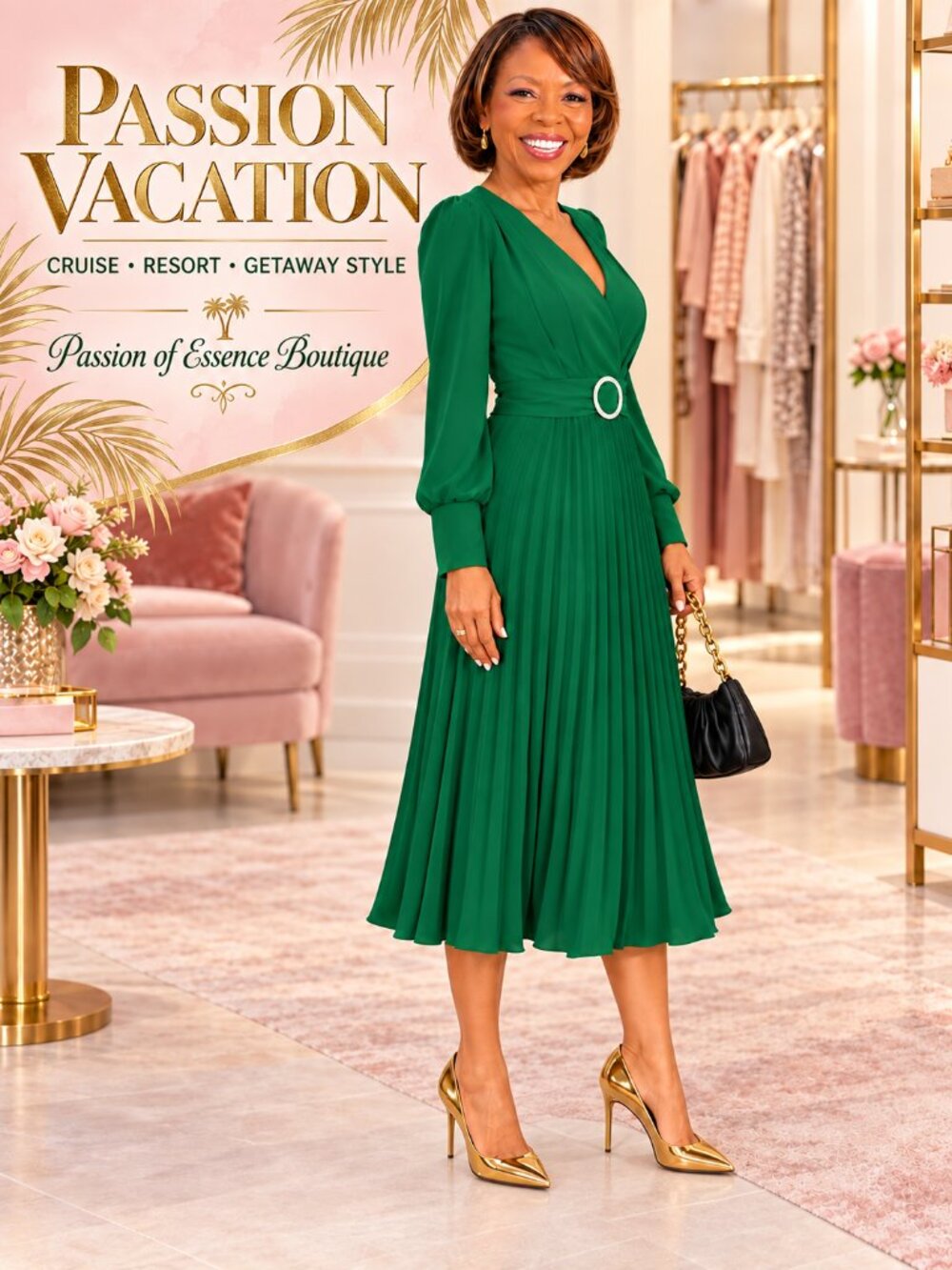 Emerald Green Wrap V-Neck Belted Midi Dress Long Sleeve Size S Description